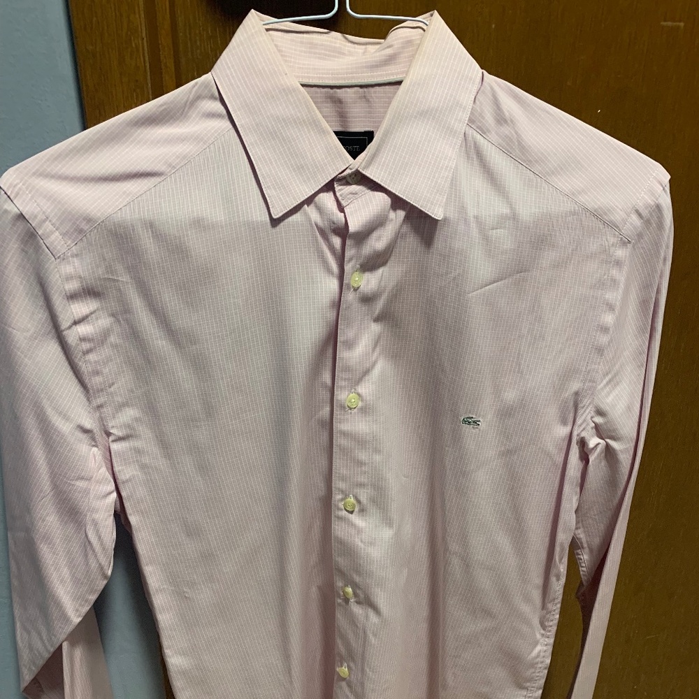 Men's Lacoste Size 39 Long Sleeve Dress Shirt Pink/White Stripe Medium Size